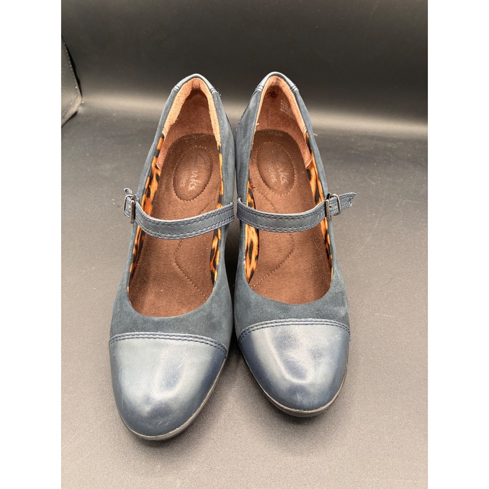 Clarks Bendables Navy Blue Leather Suede Mary Jane Pumps Leopard Print 7M 60595 - Picture 2 of 11